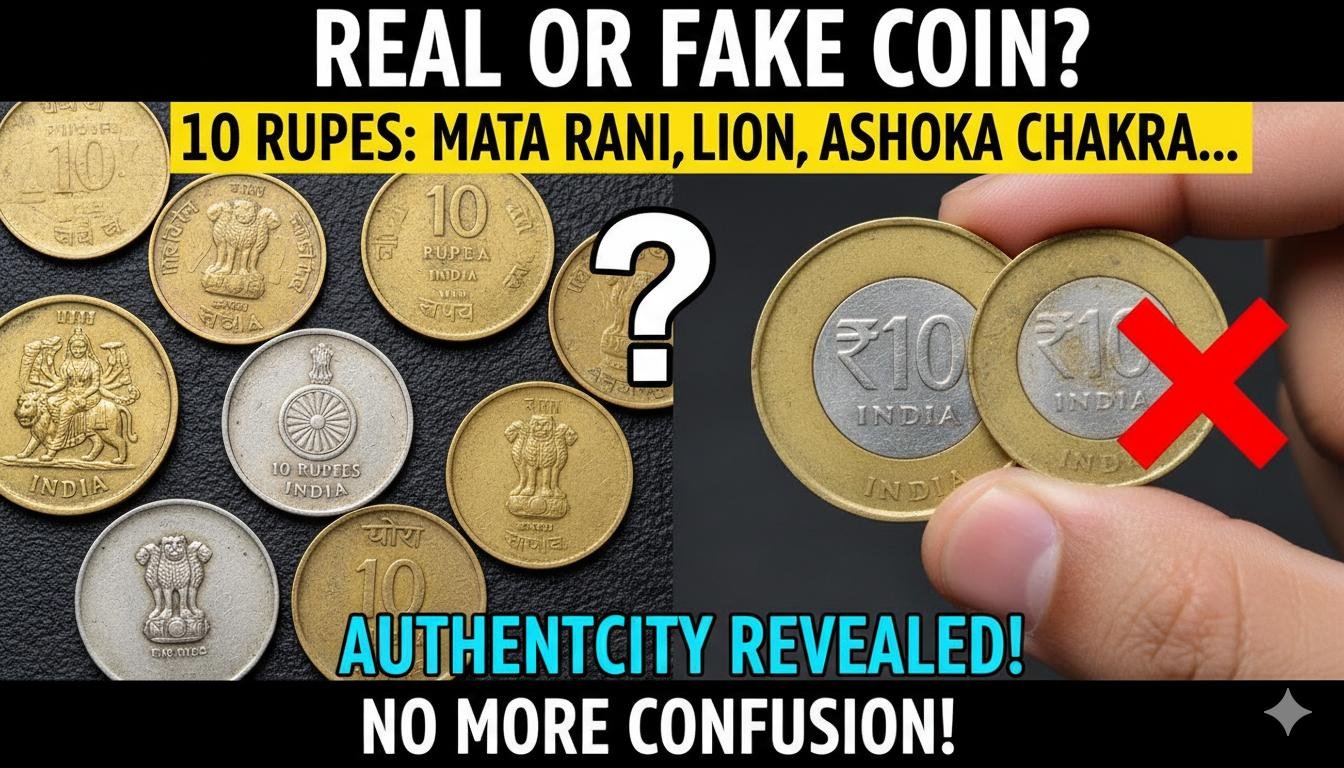 10 रुपये के विभिन्न डिजाइन वाले असली सिक्कों की क्लोज-अप इमेज, जिसमें माता रानी, शेर और अशोक चक्र दिखाई दे रहे हैं।