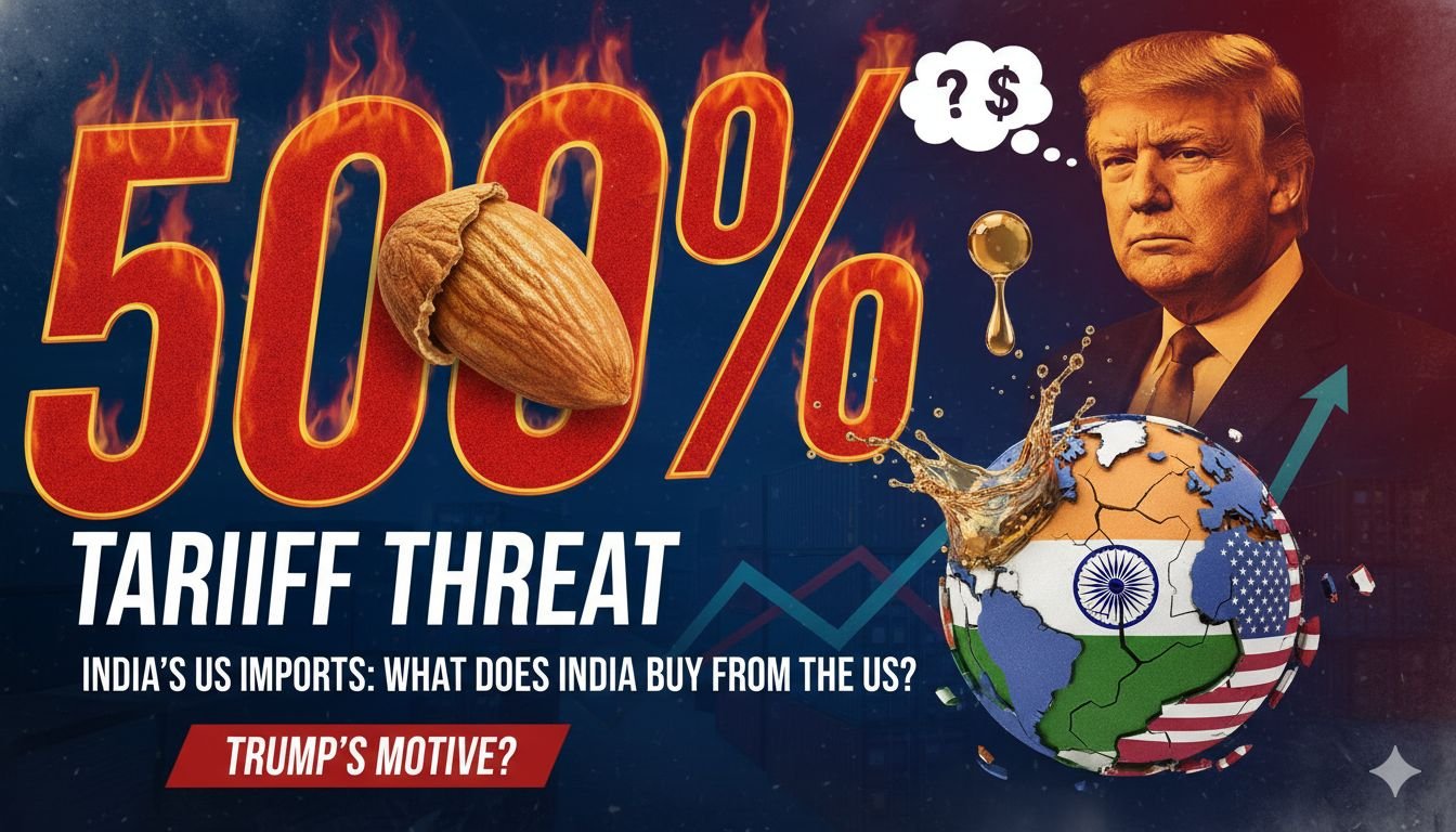 ट्रंप और मोदी व्यापार वार्ता में, पृष्ठभूमि में अमेरिकी और भारतीय ध्वज के साथ टैरिफ ग्राफिक्स