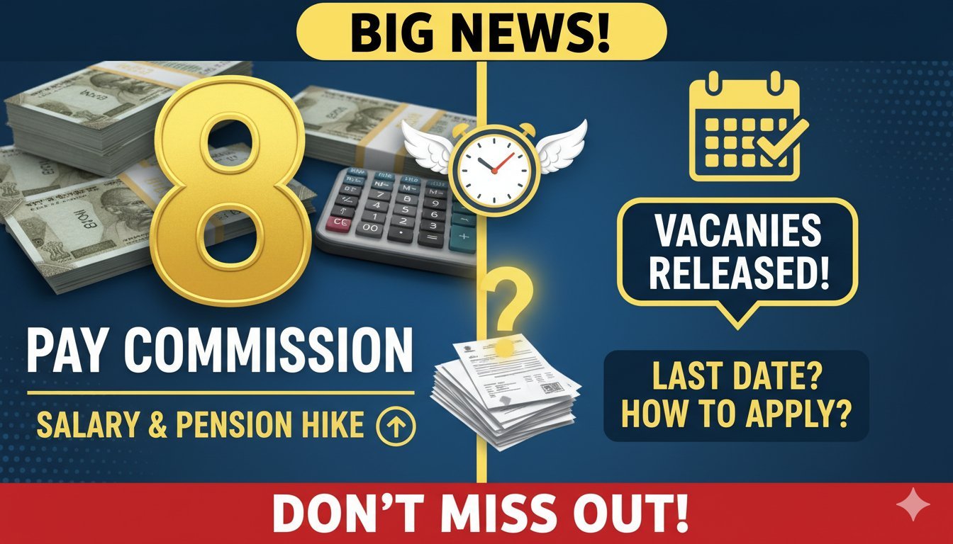 8वें वेतन आयोग का कार्यालय भवन और वैकेंसी नोटिफिकेशन का ग्राफिक प्रतिनिधित्व