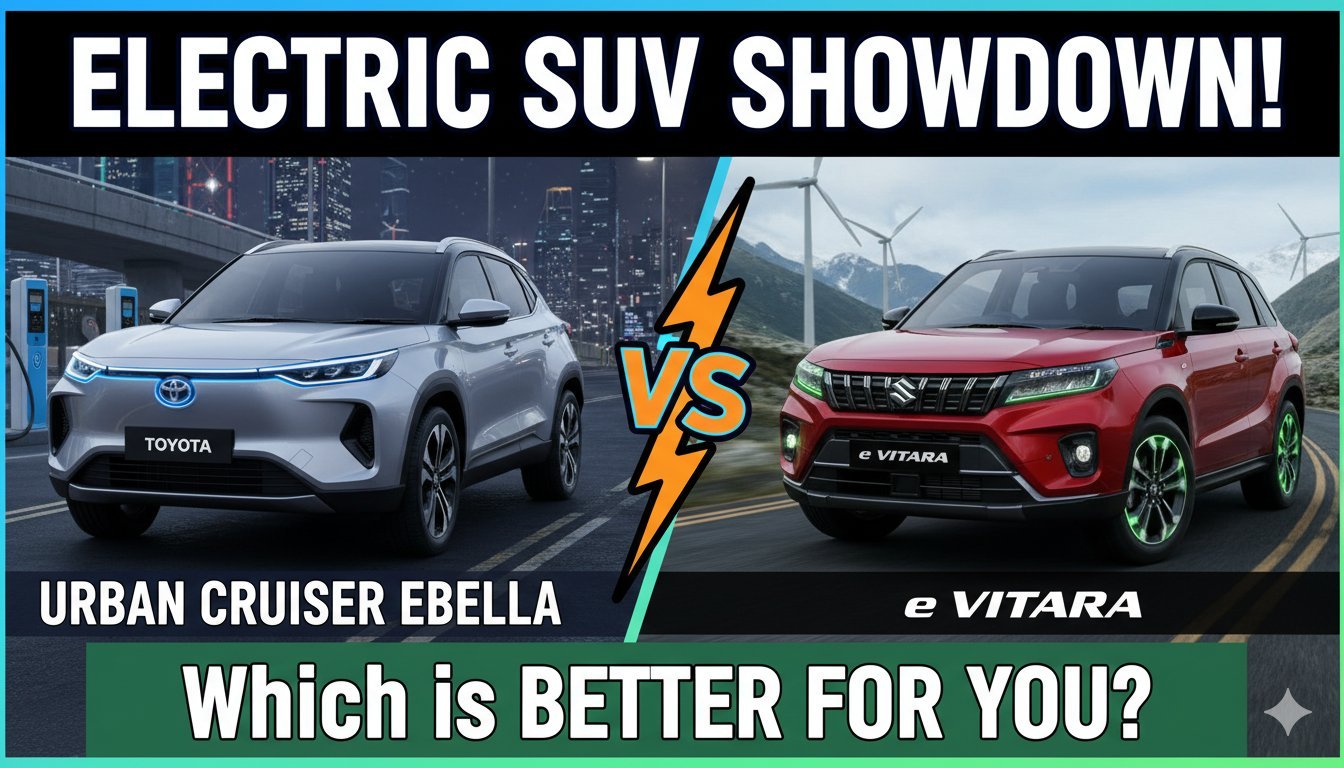 Toyota Urban Cruiser Ebella और Maruti e Vitara इलेक्ट्रिक SUVs की साइड-बाय-साइड तुलना दिखाती हुई इमेज