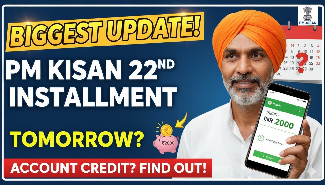 भारतीय किसान PM Kisan योजना की 22वीं किस्त का इंतजार करते हुए, बैंक पासबुक चेक करता हुआ।