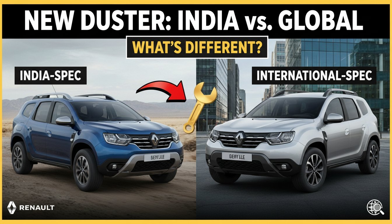 नई Renault Duster 2026 का फ्रंट व्यू, जिसमें बोल्ड ग्रिल और LED हेडलैम्प्स दिखाई दे रहे हैं।