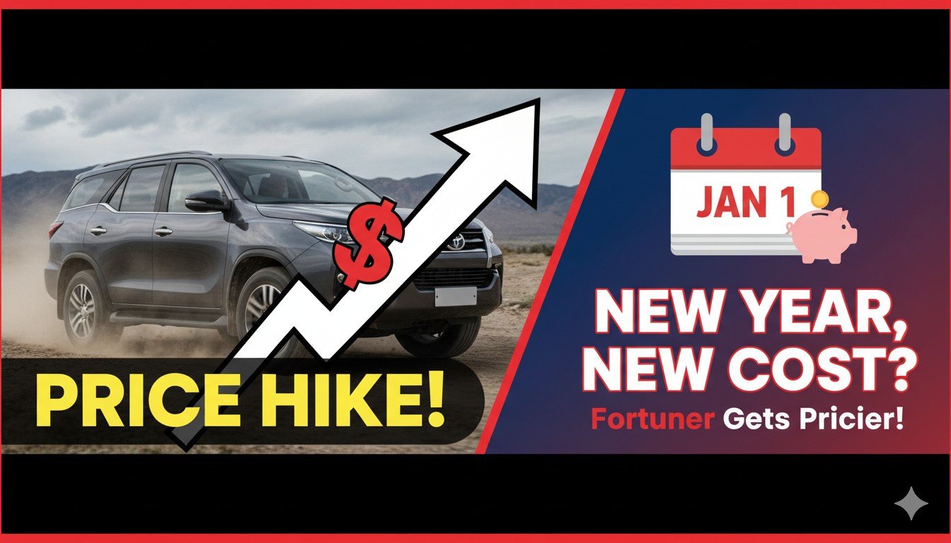 Toyota Fortuner SUV की फ्रंट व्यू इमेज जो नई कीमत बढ़ोतरी को हाइलाइट करती है