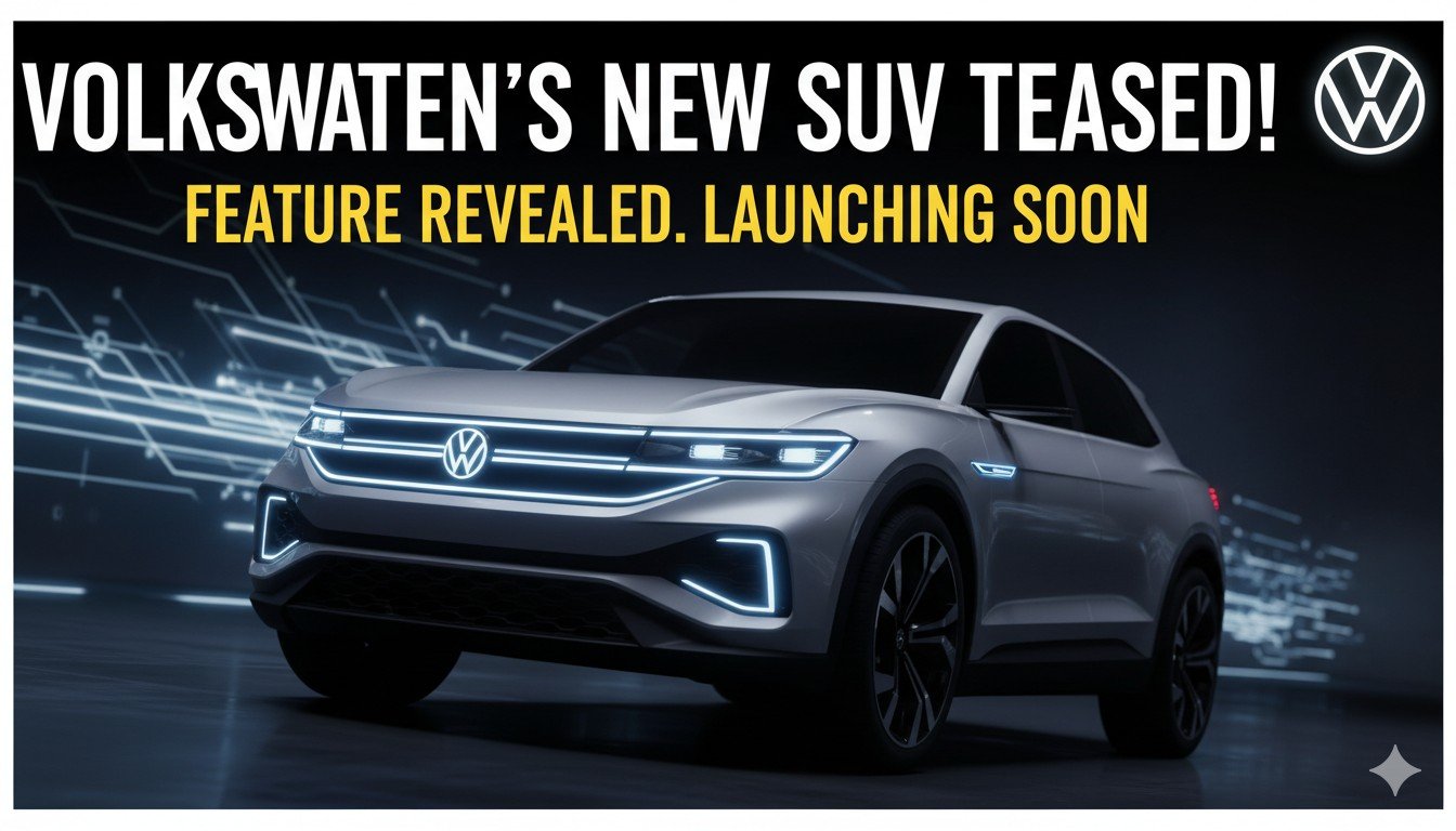 Volkswagen Tayron SUV का टीजर इमेज जिसमें LED लाइट बार और इल्यूमिनेटेड लोगो दिखाई दे रहा है।