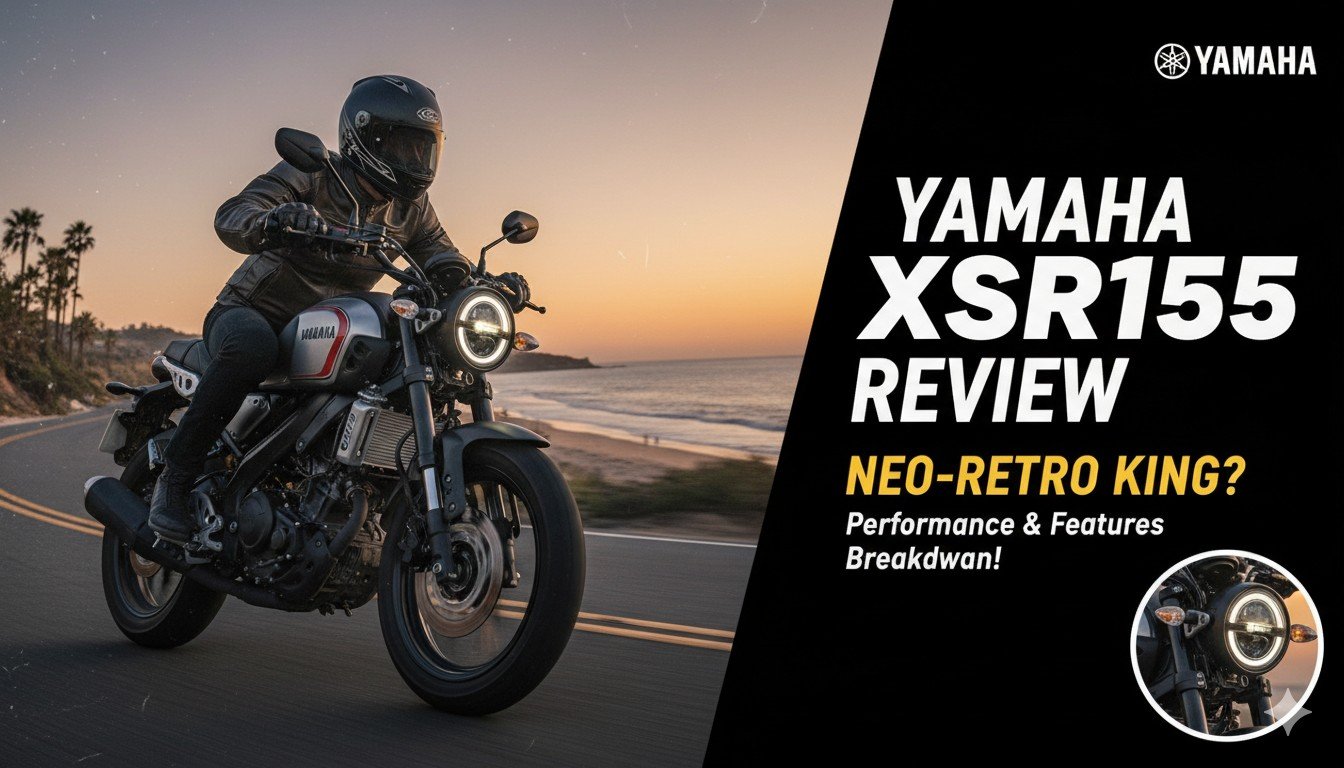 यामाहा XSR155 ब्लू कलर में गोल्डन फोर्क्स के साथ पार्क्ड