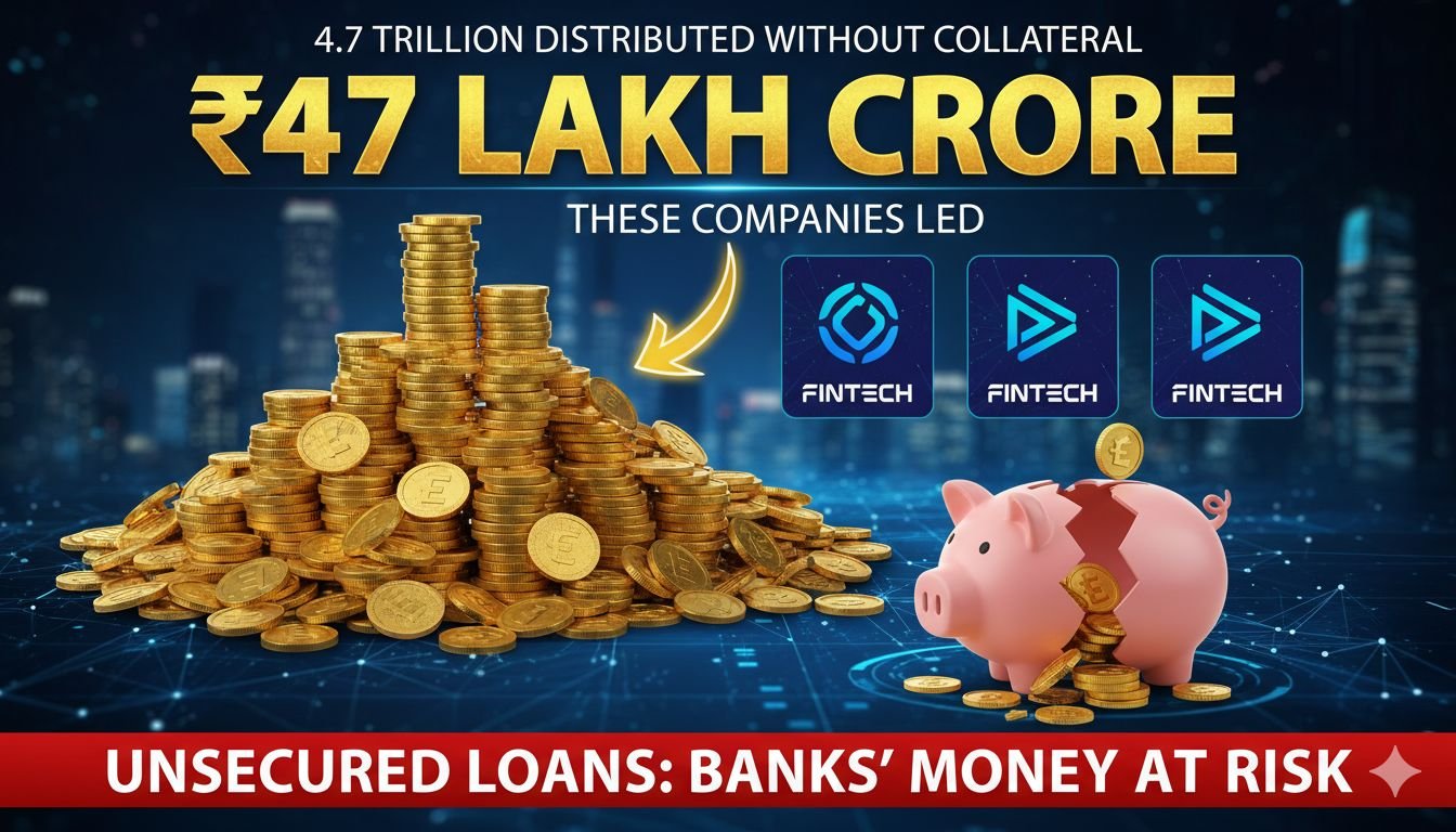 भारतीय बैंकिंग सेक्टर में अनसिक्योर्ड लोन की वृद्धि दिखाती ग्राफिकल इमेज, जहां 47 लाख करोड़ की राशि हाइलाइट की गई है।