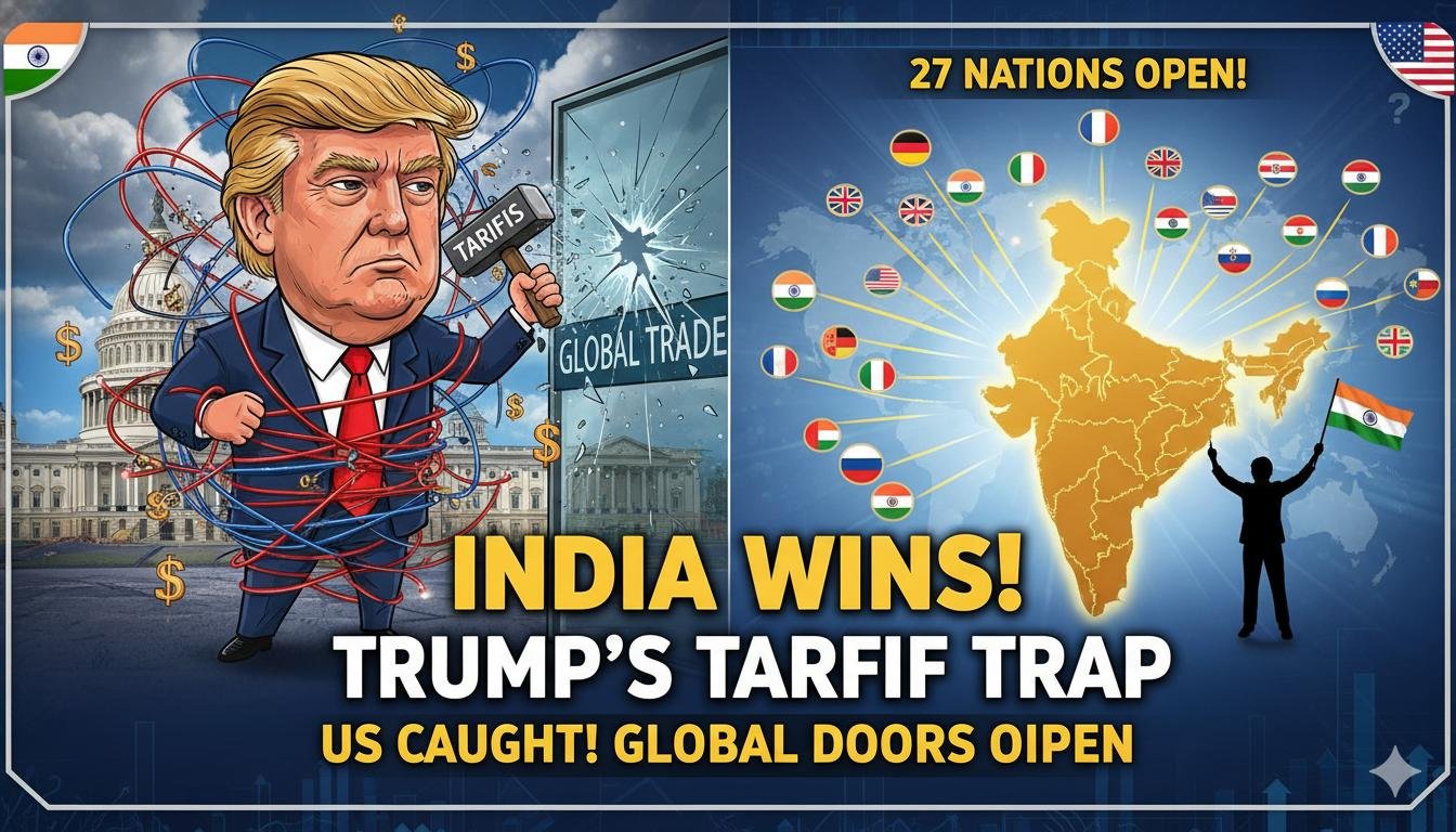 ट्रंप टैरिफ से प्रभावित वैश्विक व्यापार मानचित्र जिसमें भारत को लाभ दिखाया गया है