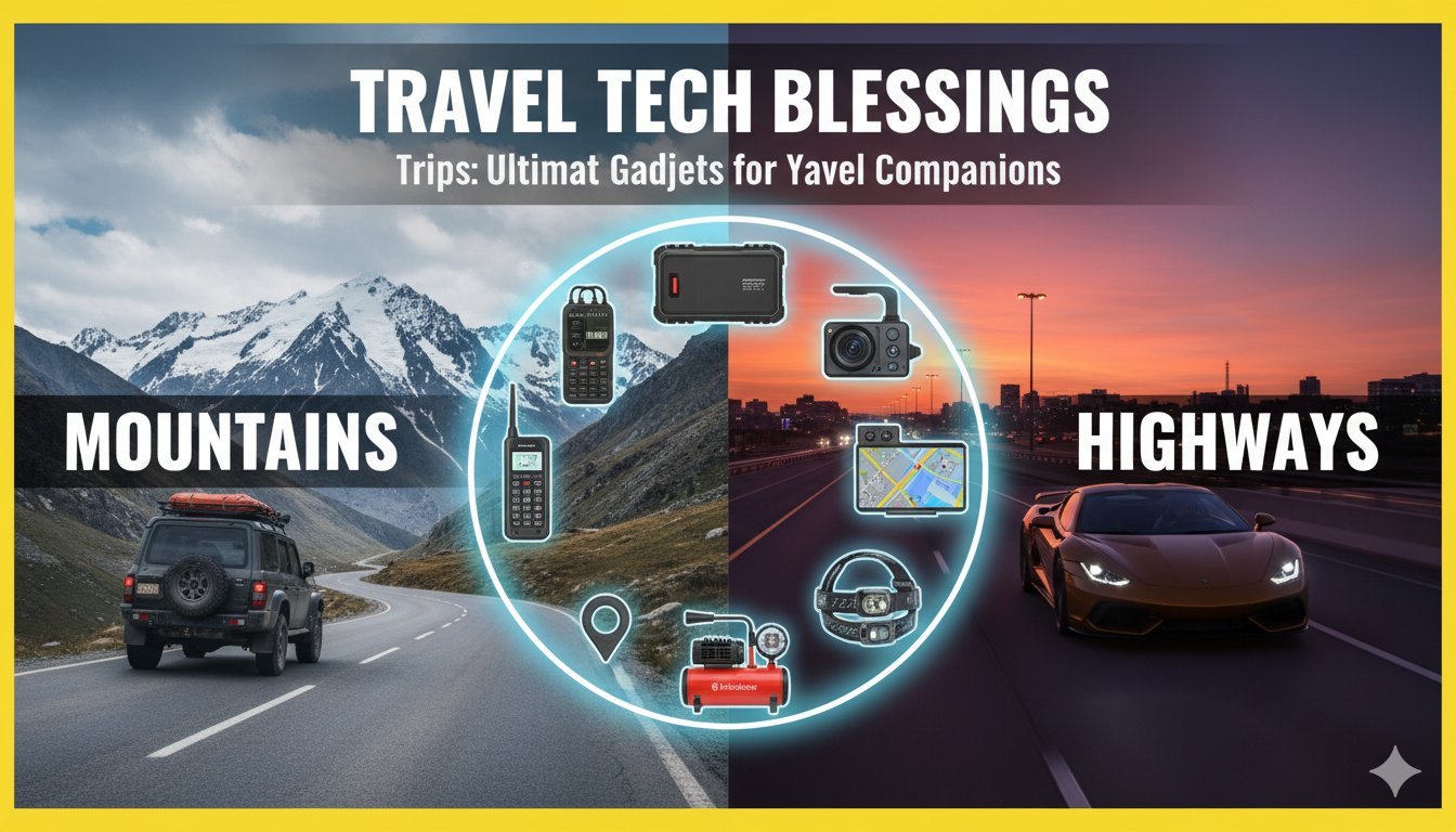 पहाड़ी सड़क पर कार यात्रा करते हुए गैजेट्स का उपयोग।