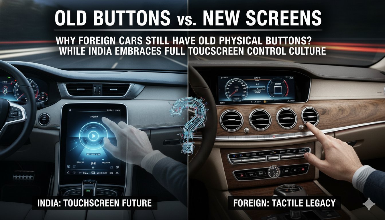 विदेशी कार डैशबोर्ड में फिजिकल बटन और भारतीय कार में टचस्क्रीन का तुलनात्मक दृश्य