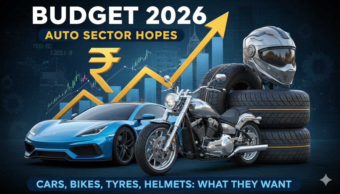 बजट 2026 में ऑटोमोबाइल सेक्टर की उम्मीदें दर्शाती इमेज, जिसमें कार, बाइक और EV कंपोनेंट्स दिखाई दे रहे हैं।