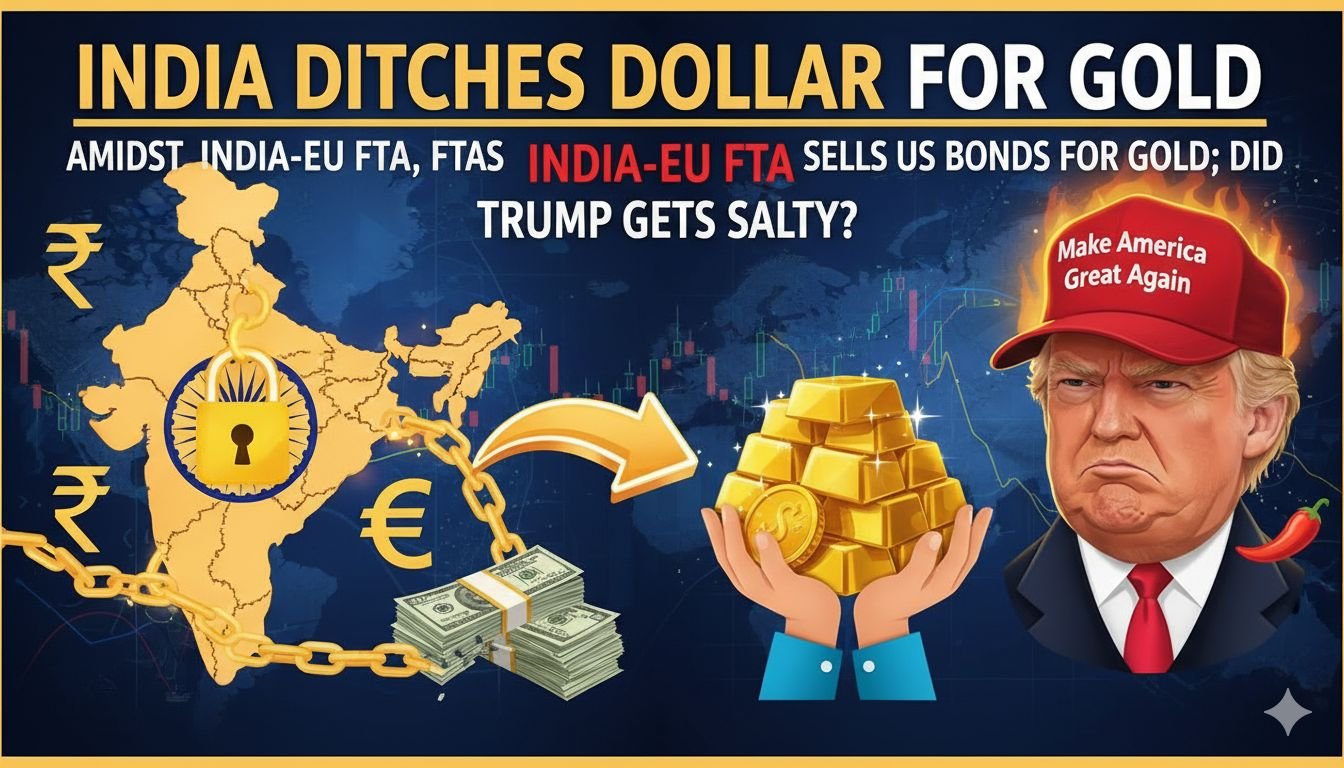 भारत और EU FTA समझौते के दौरान सोने के सिक्कों और अमेरिकी डॉलर के बीच तुलना दिखाती इमेज, जिसमें भारतीय झंडा और EU फ्लैग बैकग्राउंड में।