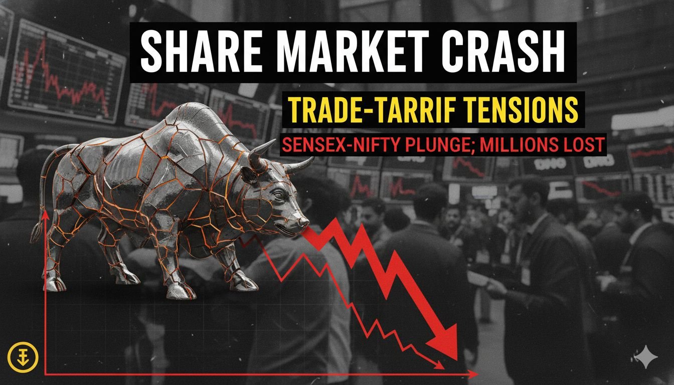 भारतीय शेयर बाजार में गिरावट दिखाता ग्राफ, सेंसेक्स और निफ्टी के साथ लाल तीर।