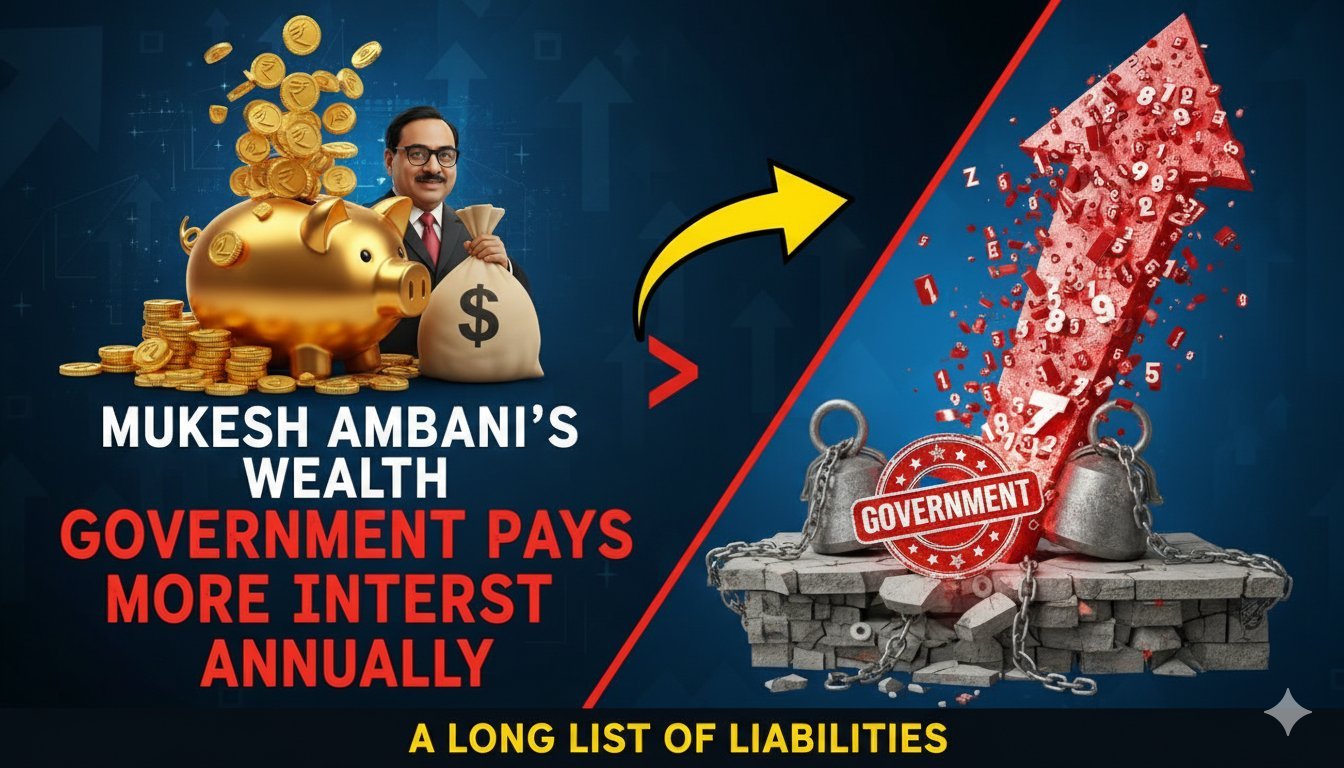 भारत सरकार की वार्षिक ब्याज देयता और मुकेश अंबानी की संपत्ति की तुलना दिखाता ग्राफिक