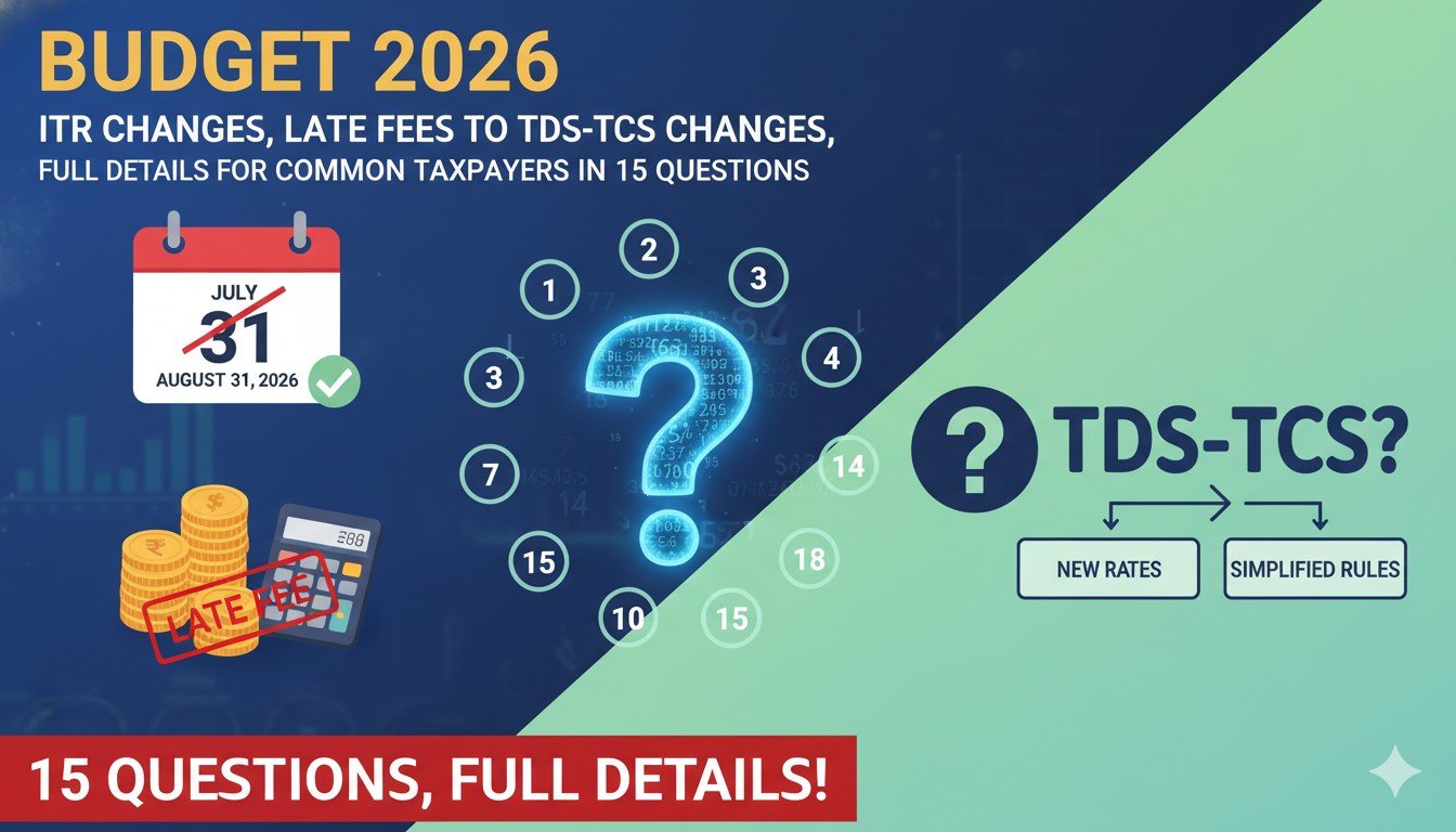 बजट 2026 की मुख्य हाइलाइट्स दिखाती ग्राफिक इमेज, जिसमें आईटीआर डेडलाइन और टीडीएस दरें हाइलाइटेड हैं।