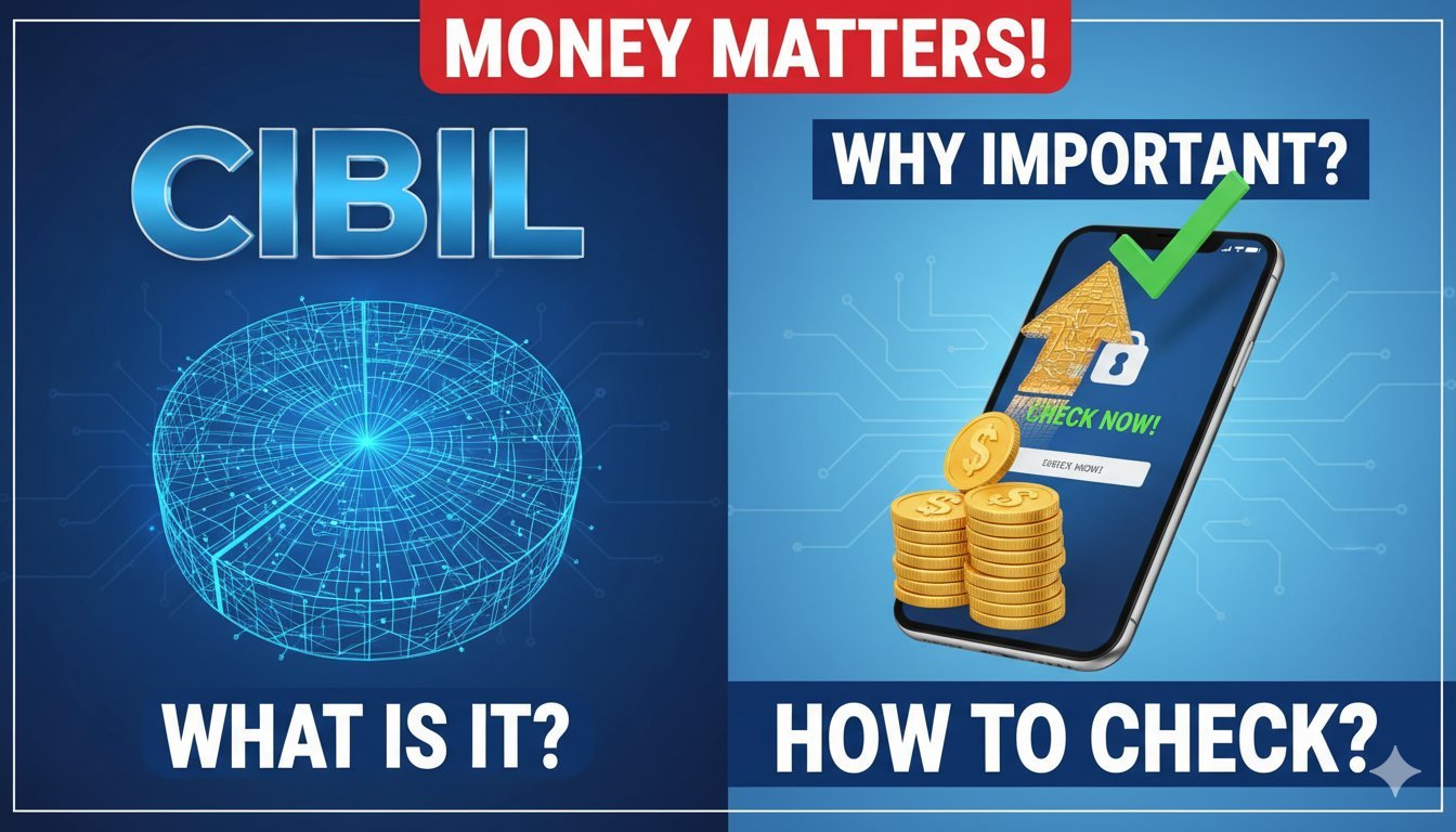 CIBIL स्कोर चार्ट दिखाता हुआ ग्राफिक जिसमें 300 से 900 तक स्कोर रेंज और अच्छे-खराब स्कोर के उदाहरण