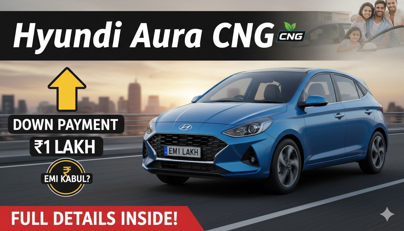 Hyundai Aura CNG वेरिएंट की फ्रंट प्रोफाइल, नीला रंग, शहर की सड़क पर