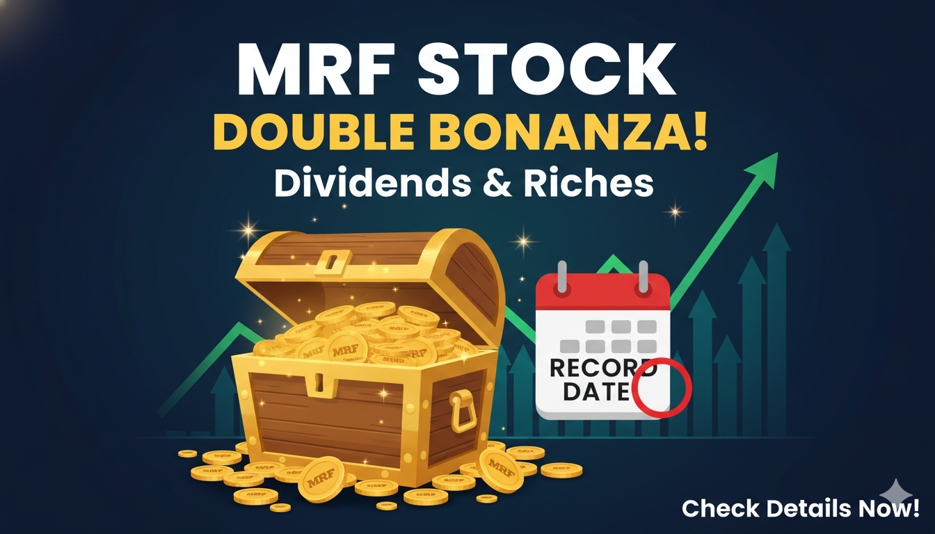 MRF कंपनी का लोगो और स्टॉक चार्ट दिखाता हुआ इमेज, जिसमें डिविडेंड घोषणा और शेयर मूल्य उछाल हाइलाइट है