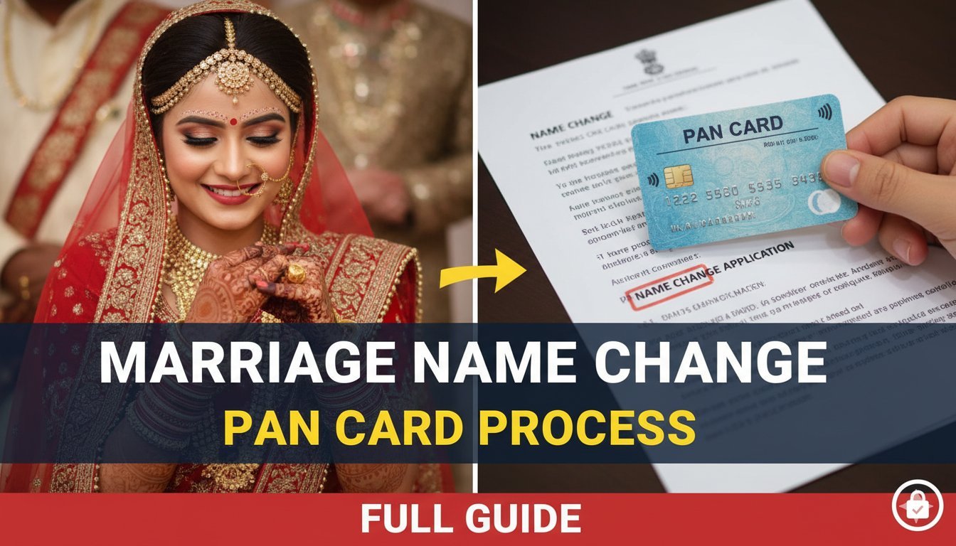 एक महिला PAN Card फॉर्म भरते हुए, शादी के बाद नाम बदलाव प्रोसेस को दर्शाता हुआ इमेज