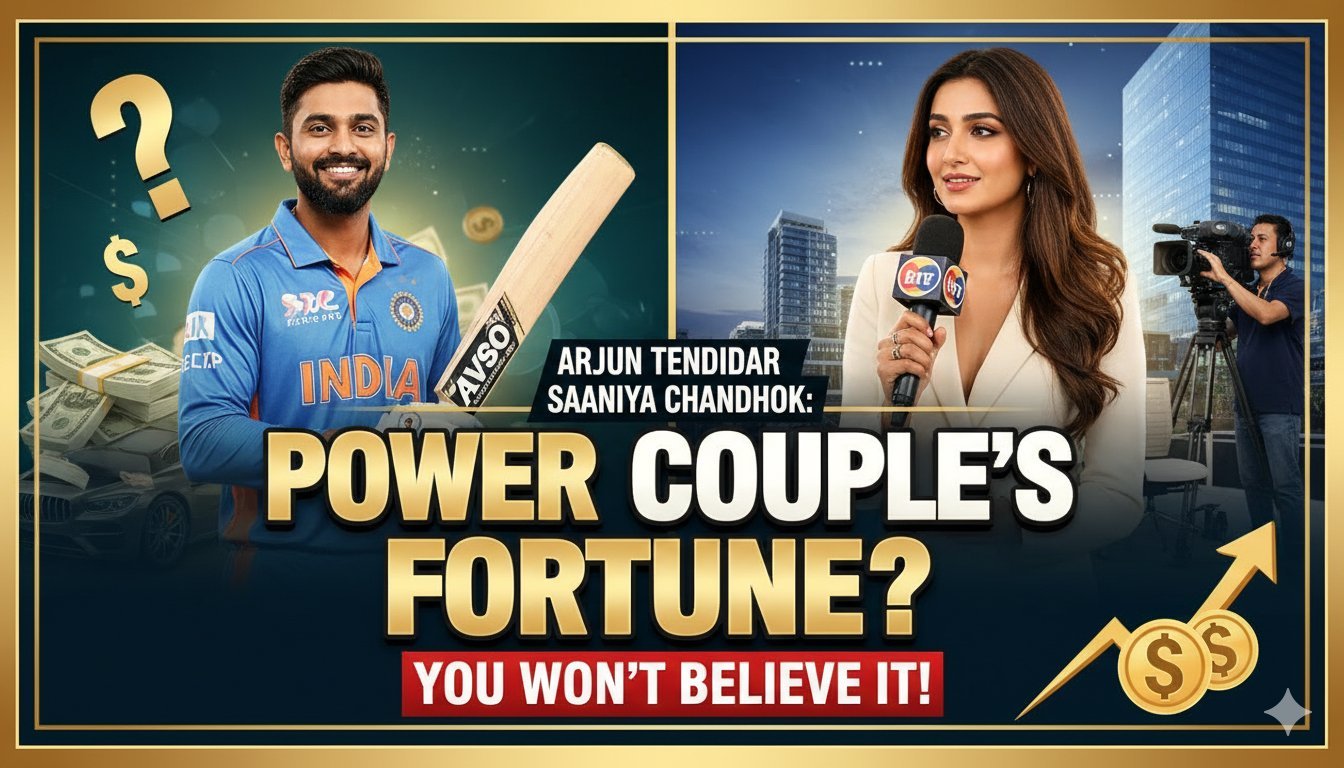 अर्जुन तेंदुलकर और सानिया चंदोक की कमाई और नेट वर्थ का ग्राफिकल ब्रेकडाउन दिखाता हुआ इमेज
