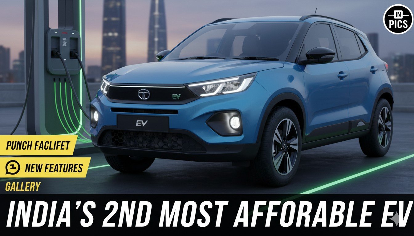 टाटा पंच ईवी फेसलिफ्ट की फ्रंट प्रोफाइल दिखाती हुई इमेज, LED हेडलाइट्स और मॉडर्न ग्रिल के साथ