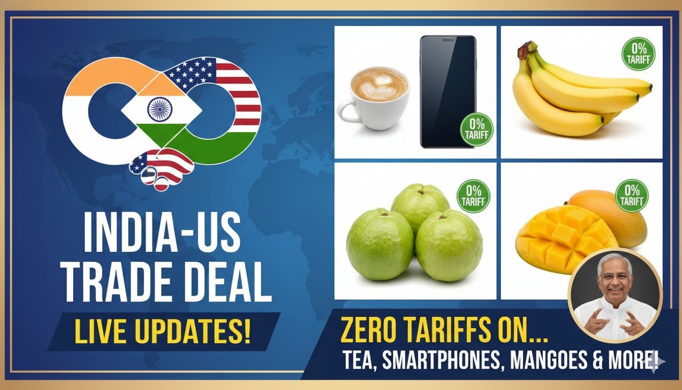 भारत-अमेरिका ट्रेड डील में शून्य टैरिफ वाले उत्पादों का चित्रण – चाय, कॉफी, फल, स्मार्टफोन और हीरे
