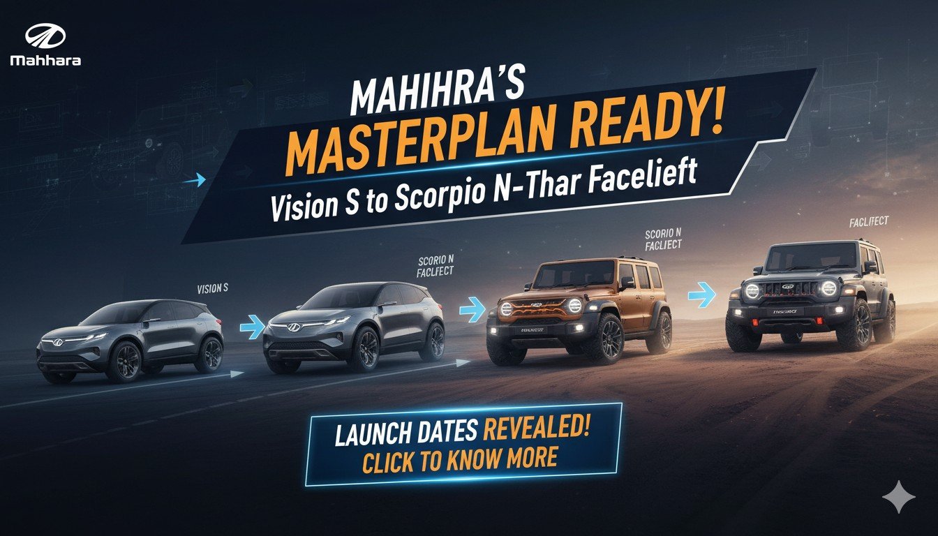 महिंद्रा Vision S, Scorpio N फेसलिफ्ट और Thar अपडेटेड मॉडल्स की साइड-बाय-साइड इमेज दिखाती हुई, 2026-2027 लॉन्च प्लान