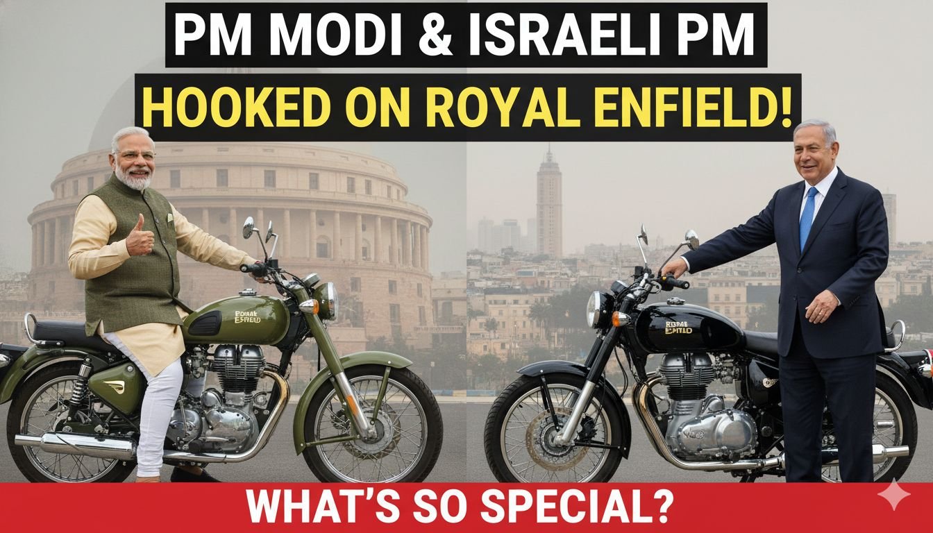 प्रधानमंत्री नरेंद्र मोदी और इजरायली पीएम बेंजामिन नेतन्याहू Royal Enfield Goan Classic 350 के साथ पोज देते हुए