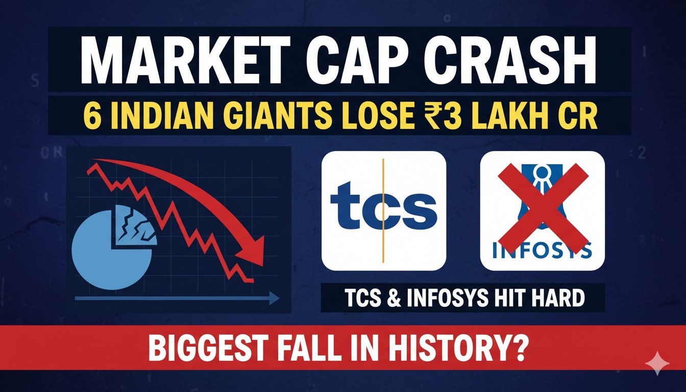सेंसेक्स और आईटी स्टॉक्स में भारी गिरावट, TCS और Infosys के शेयर चार्ट दिखाते हुए मार्केट क्रैश का ग्राफिकल प्रतिनिधित्व