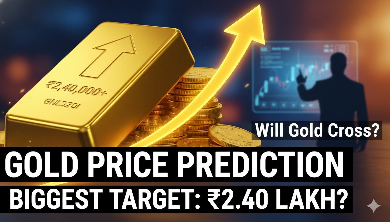 सोने की चमकदार ईंटें और गोल्ड बार का क्लोजअप, पृष्ठभूमि में बढ़ती कीमतों का ग्राफ दिखाता हुआ, ₹2.40 लाख टारगेट का संकेत