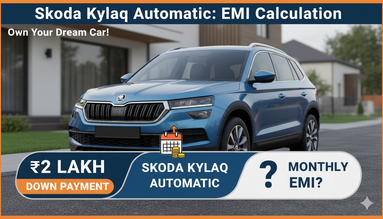 स्कोडा Kylaq ऑटोमैटिक कॉम्पैक्ट SUV फ्रंट व्यू, 2 लाख डाउन पेमेंट के साथ EMI कैलकुलेशन