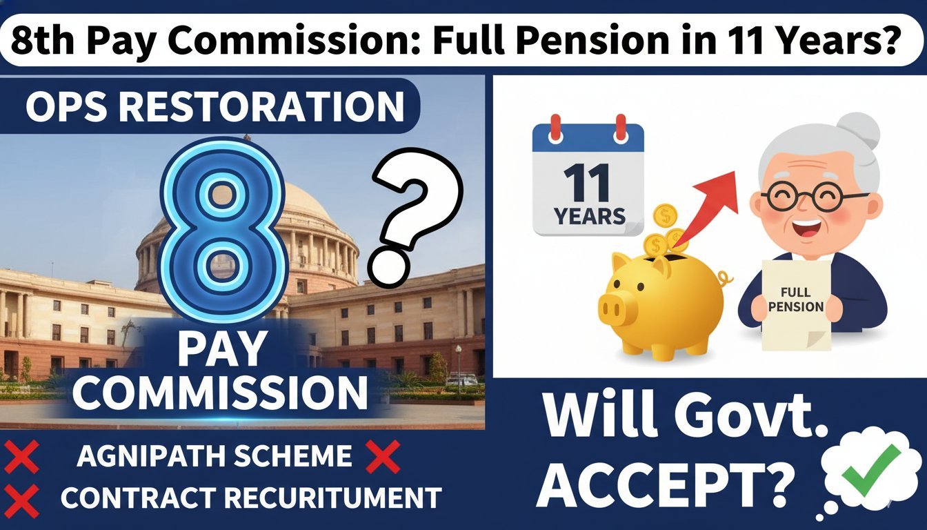 8th Pay Commission में OPS बहाली और अग्निवीर योजना पर यूनियनों की प्रमुख मांगें दर्शाती इमेज