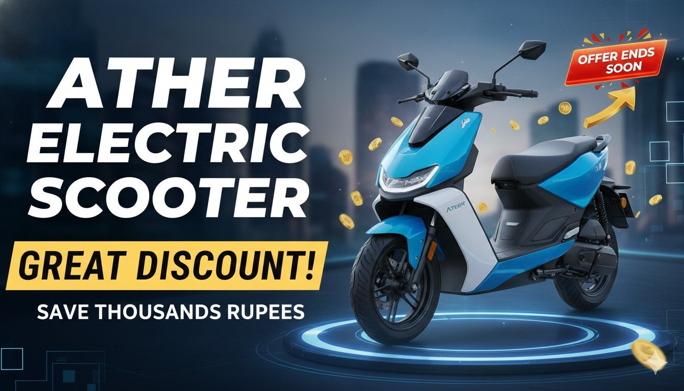 Ather Rizta और 450 सीरीज इलेक्ट्रिक स्कूटर पर ₹20,000 तक डिस्काउंट ऑफर दिखाता हुआ ग्राफिक