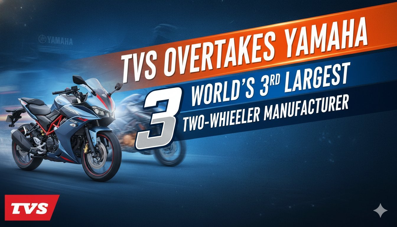TVS Motor Company logo with motorcycles and global third rank badge, celebrating surpassing Yamaha in two-wheeler production