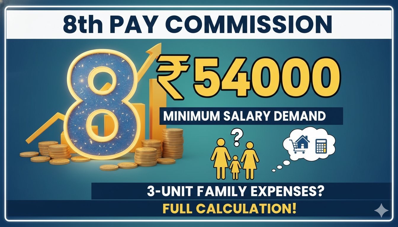 Alt Text for featured image : 8th Pay Commission न्यूनतम सैलरी ₹54000 की मांग और 3 सदस्यीय परिवार के मासिक खर्च का ग्राफिकल कैलकुलेशन