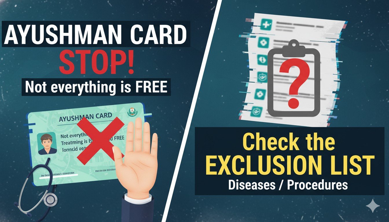Alt Text for featured image : आयुष्मान कार्ड और एक्सक्लूजन लिस्ट दिखाती इमेज, जिसमें नहीं कवर होने वाले इलाज की जानकारी