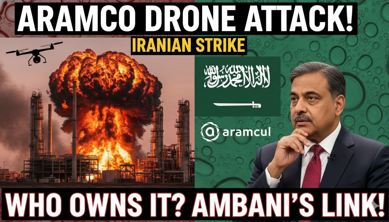 सऊदी अरामको की रास तनूरा रिफाइनरी पर ड्रोन हमले के बाद लगी आग और काला धुआं उठता हुआ