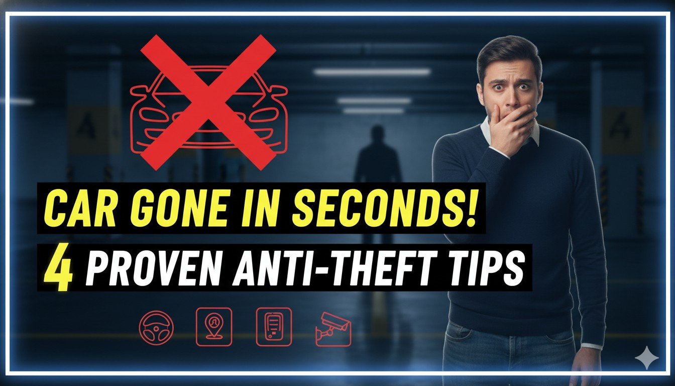 एक सुरक्षित पार्क की गई कार पर GPS ट्रैकर और स्टियरिंग लॉक लगे हुए, कार चोरी से सुरक्षा का प्रतीक