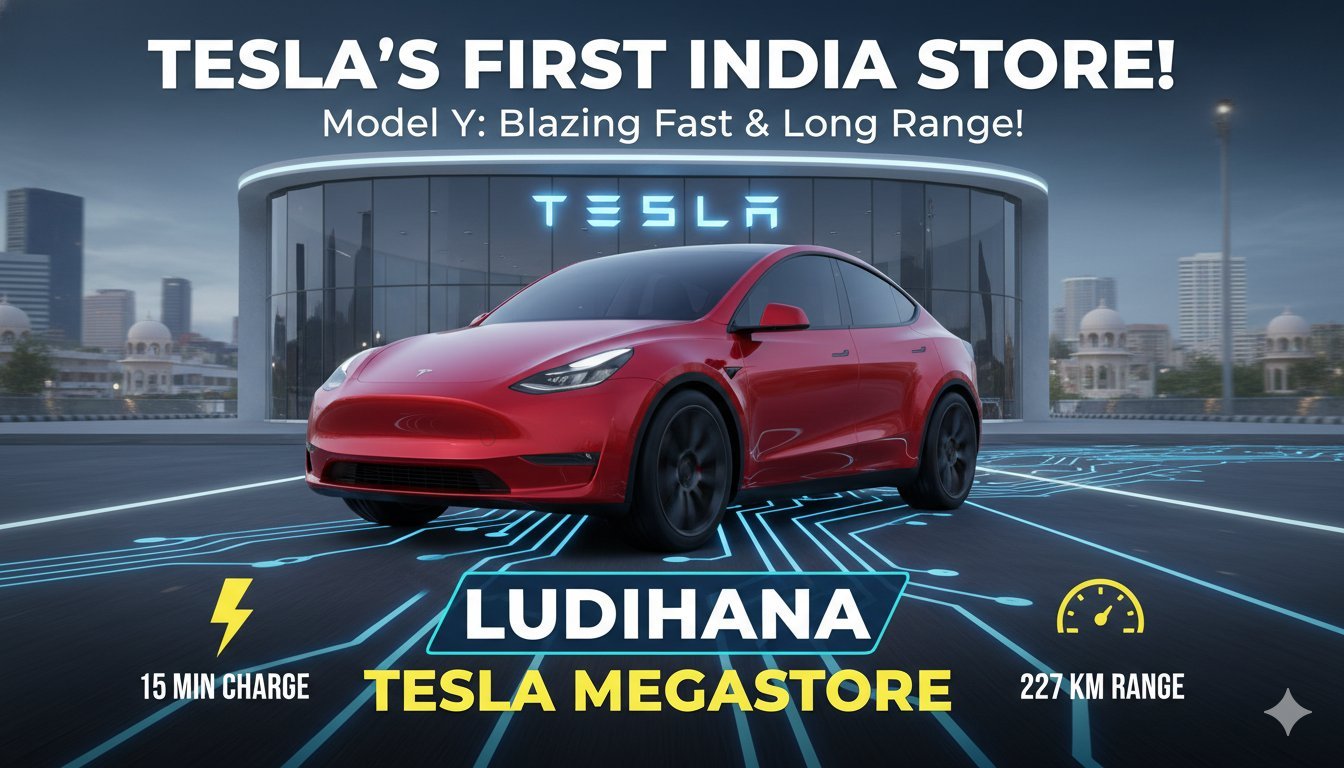 लुधियाना पवेलियन मॉल में टेस्ला Model Y पॉप-अप स्टोर का एक्सटीरियर व्यू, जहां लोग इलेक्ट्रिक SUV को देख रहे हैं