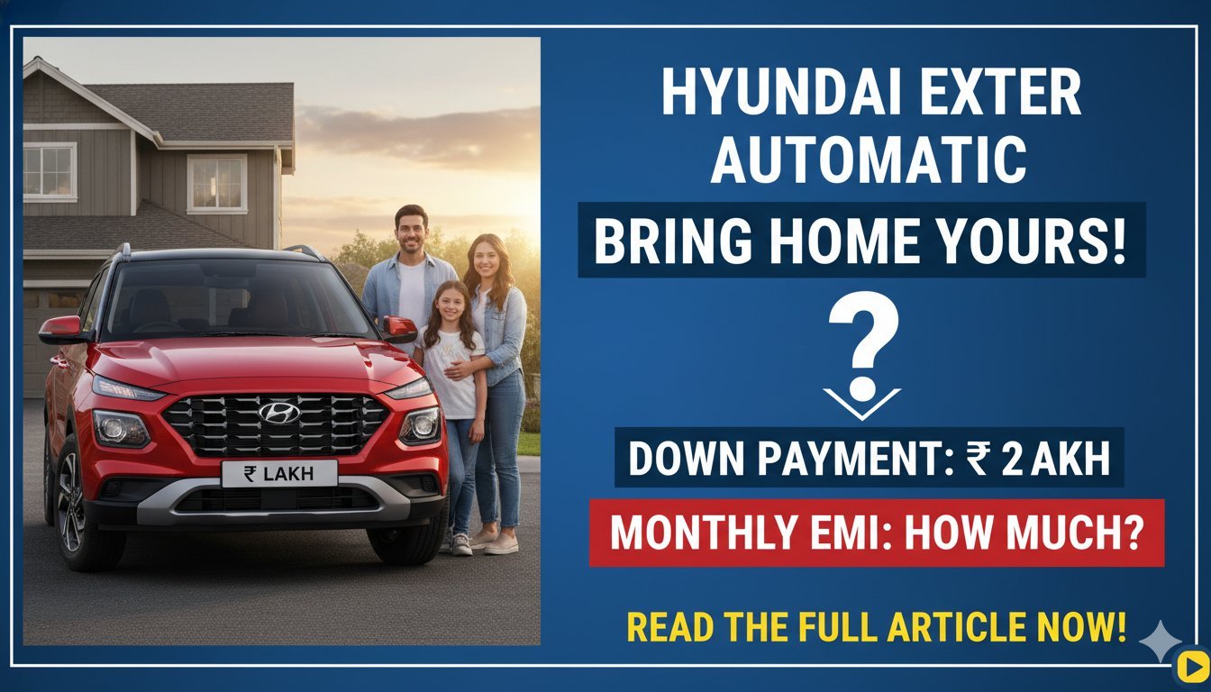 हुंडई एक्सटर ऑटोमैटिक वेरिएंट की फ्रंट प्रोफाइल, 2 लाख डाउन पेमेंट पर EMI डिटेल्स के साथ